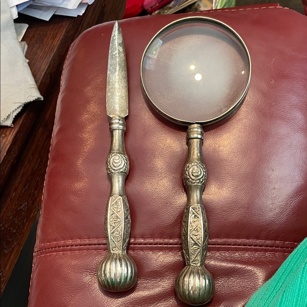 Vintage Silver Plated Magnifying Glass and Letter Opener Set